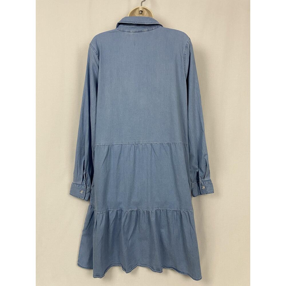 Belle BOHO Kim Gravel Chambray Dress Large Blue Denim Tiered Pockets Ruffle - Picture 6 of 13